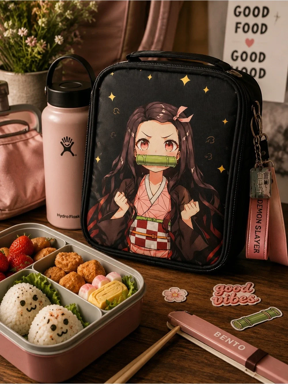Demon Slayer Nezuko Anime Insulated Lunch Box Bag With Crossbody Strap